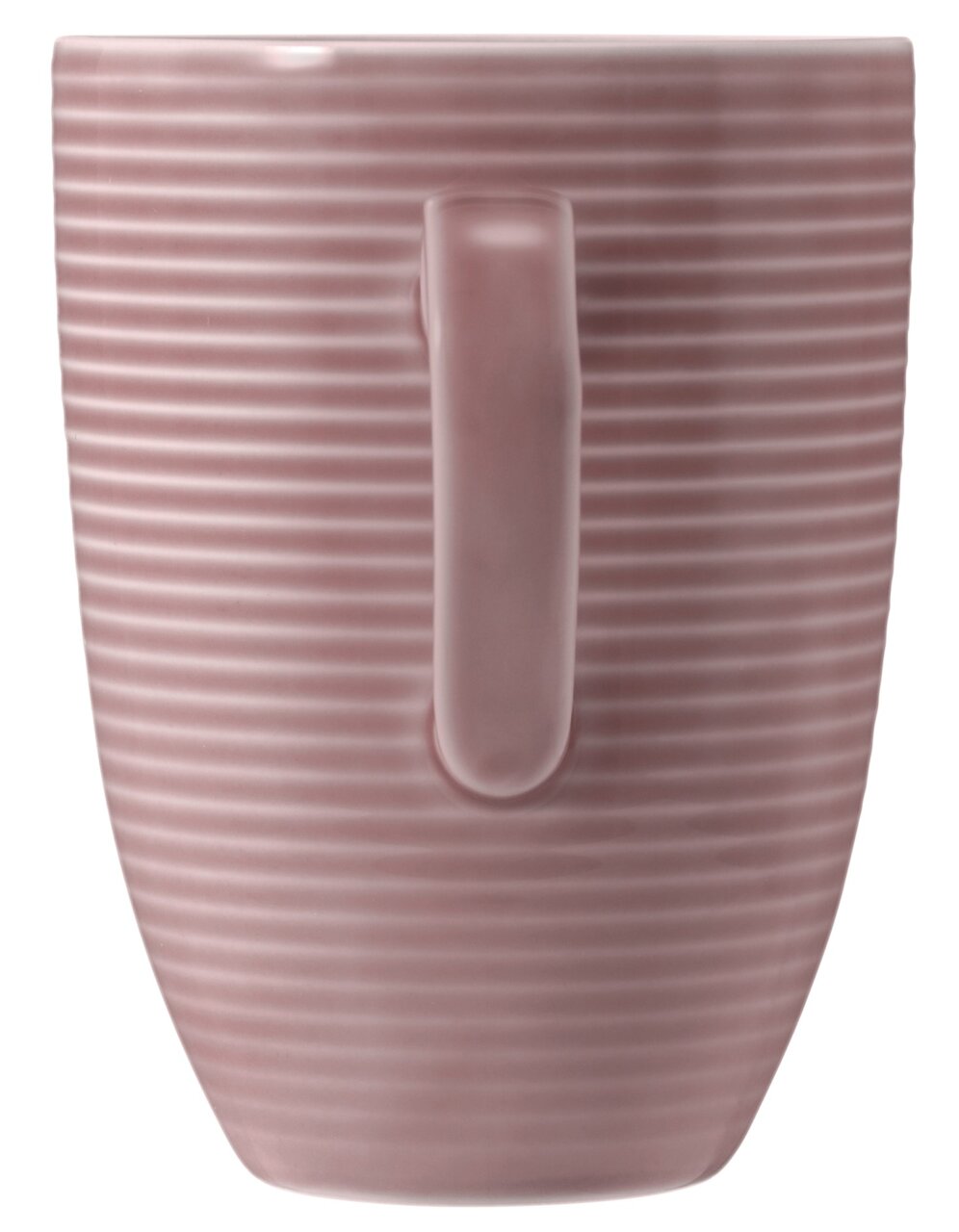 Rosa Becher mit Henkel, geriffelte Oberfläche, seitliche Ansicht