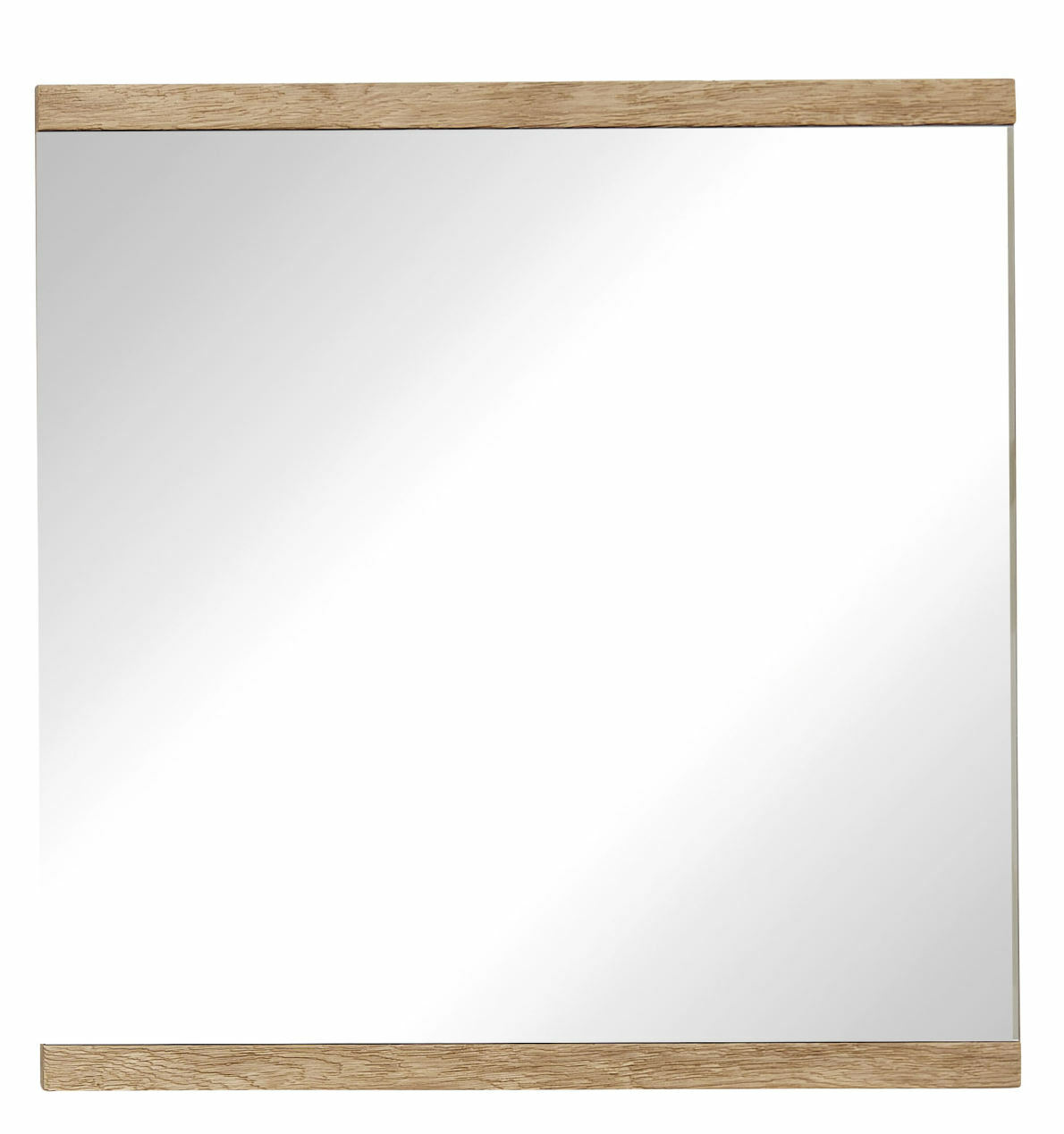 Rechteckiger Spiegel mit Holzrahmen an der Ober- und Unterseite, Frontalansicht