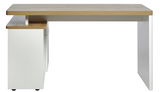 Moderner Eck-Schreibtisch aus Holz und Weiß, seitliche Perspektive
