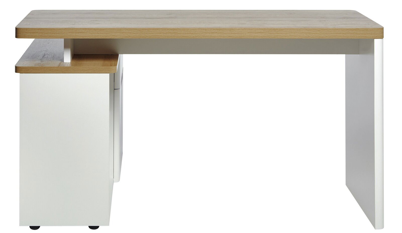 Moderner Eck-Schreibtisch aus Holz und Weiß, seitliche Perspektive