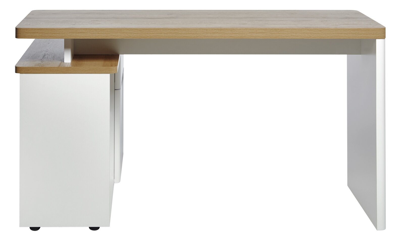 Moderner Eck-Schreibtisch aus Holz und Weiß, seitliche Perspektive