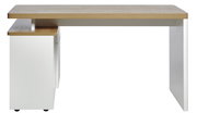 Moderner Eck-Schreibtisch aus Holz und Weiß, seitliche Perspektive