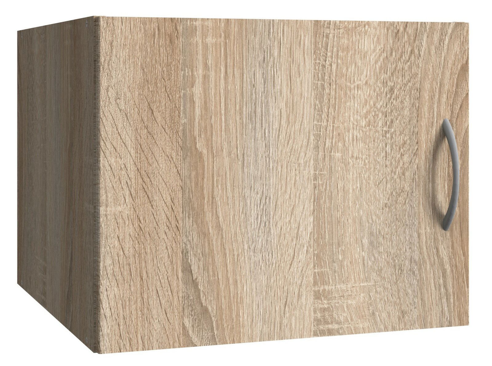 Holzfarbener Schrankaufsatz mit Griff, seitliche Perspektive