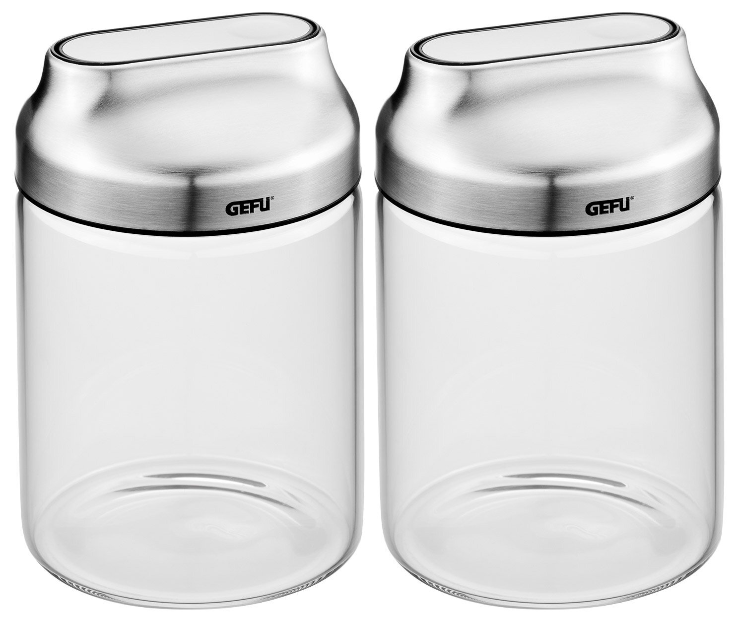GEFU Bewaarblikken 700 ml, set van 2 KIPPO Twee doorzichtige voorraadpotten met een zilveren deksel, gezien vanaf de voorkant.