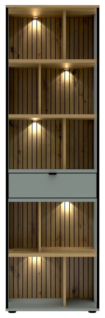 Frontansicht eines modernen Büroregals mit Holzoptik und integrierter Beleuchtung.