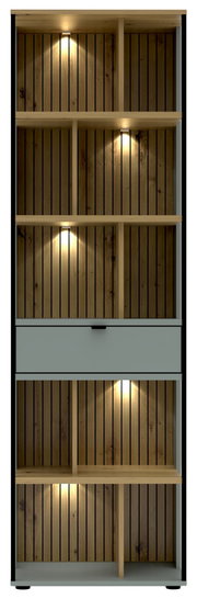 Frontansicht eines modernen Büroregals mit Holzoptik und integrierter Beleuchtung.