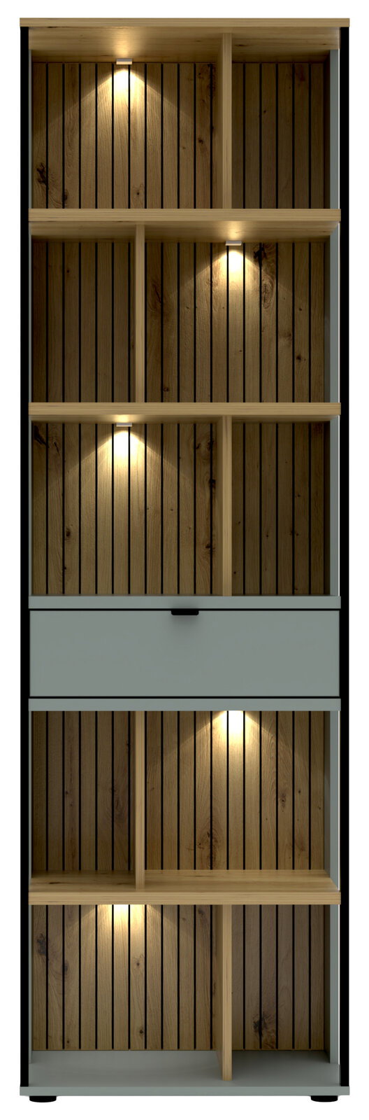 Frontansicht eines modernen Büroregals mit Holzoptik und integrierter Beleuchtung.