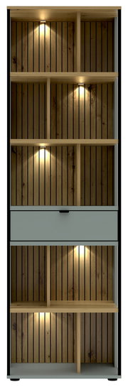 Frontansicht eines modernen Büroregals mit Holzoptik und integrierter Beleuchtung.