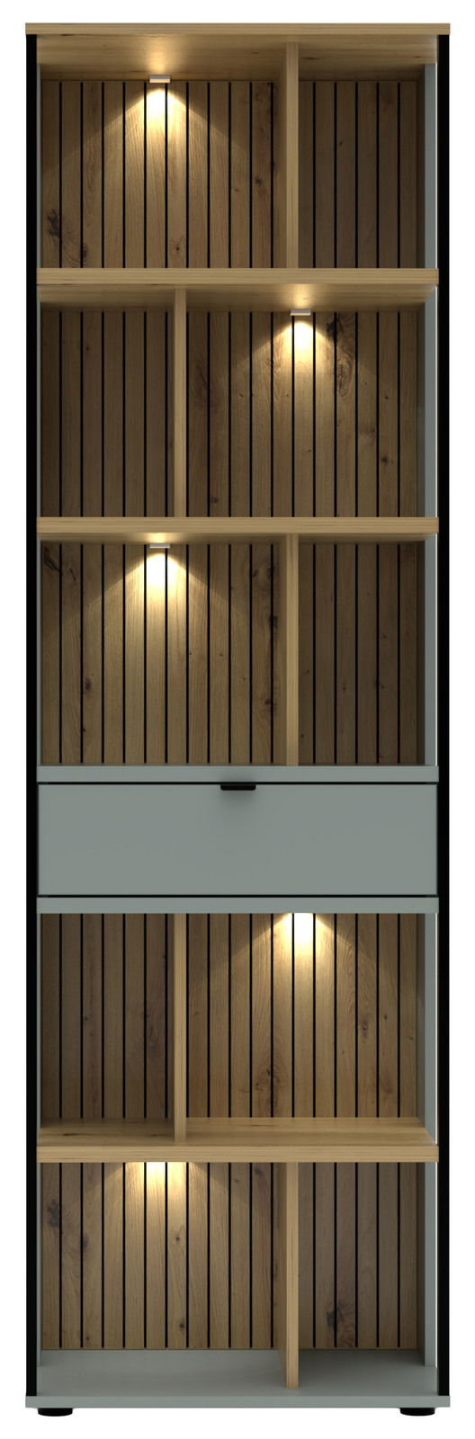 Frontansicht eines modernen Büroregals mit Holzoptik und integrierter Beleuchtung.