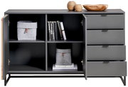 Graues Sideboard mit offenen Türen und Schubladen, gefüllt mit Büchern und Aufbewahrungsboxen, aus frontaler Perspektive.