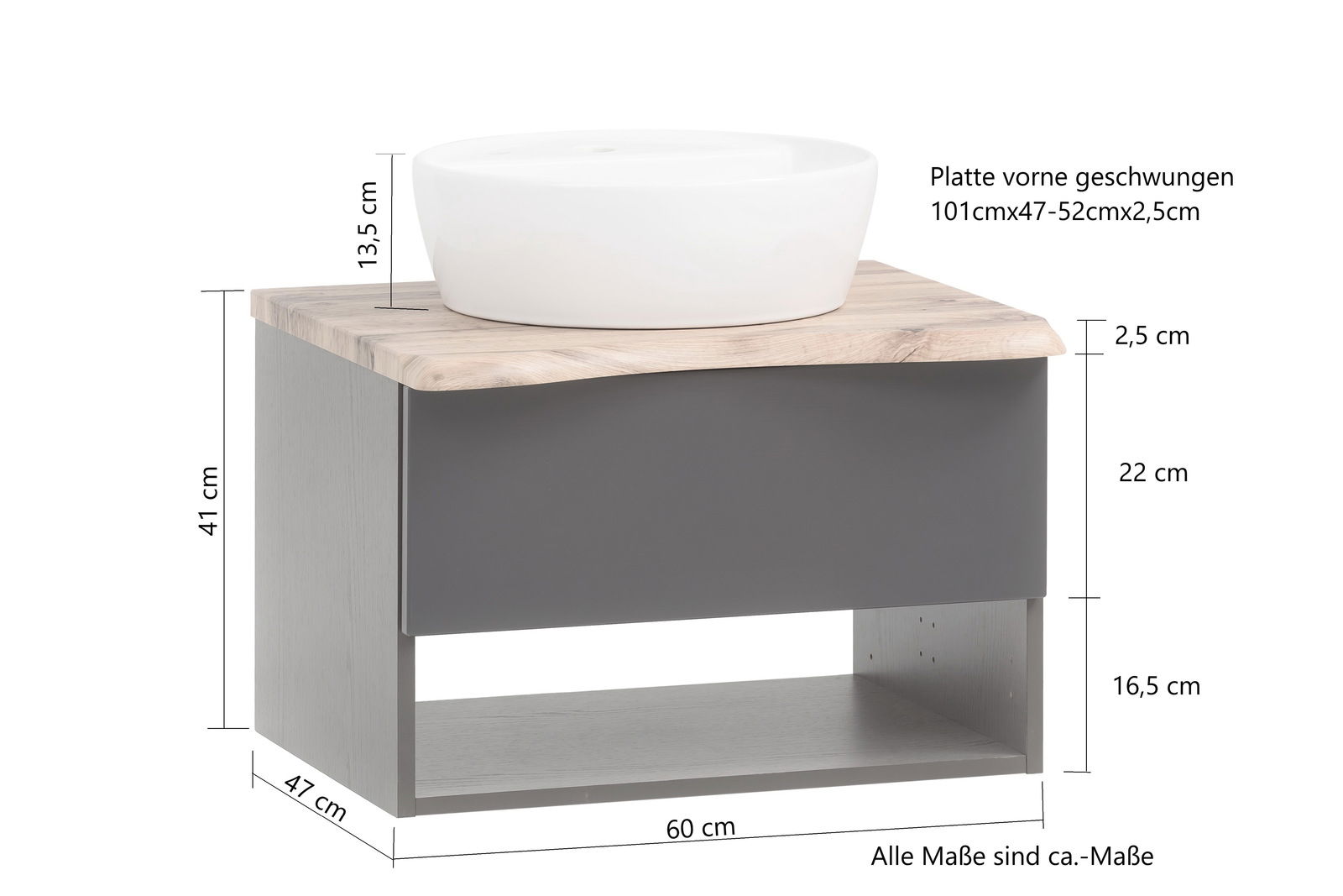 Waschtisch-Set mit weißem Aufsatzbecken auf einer geschwungenen Holzplatte, grauer Unterschrank mit offener Ablage, seitliche Perspektive