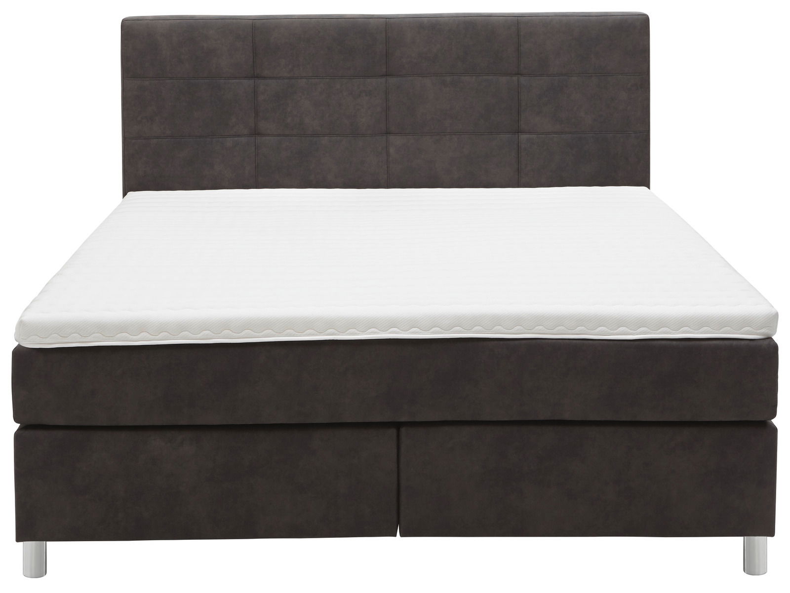 Boxspringbett in dunklem Stoffbezug, Frontalansicht