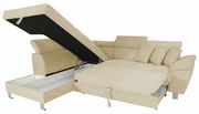 Beige Ecksofa mit Stauraum und ausziehbarer Liegefläche, seitliche Perspektive