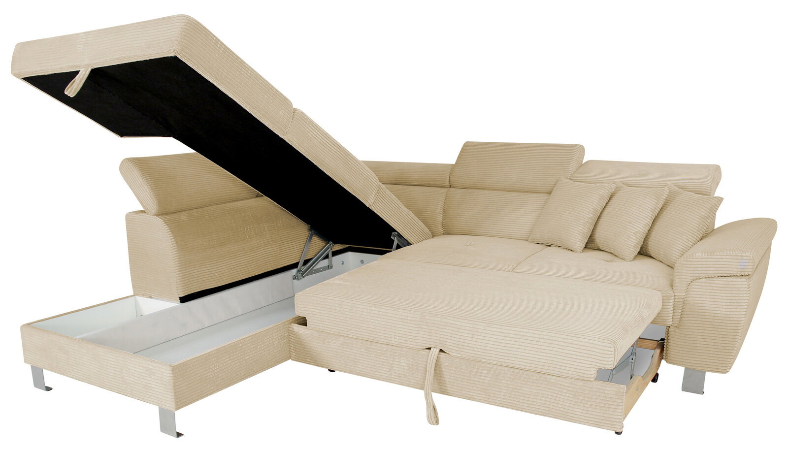 Beige Ecksofa mit Stauraum und ausziehbarer Liegefläche, seitliche Perspektive