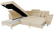 Beige Ecksofa mit Stauraum und ausziehbarer Liegefläche, seitliche Perspektive