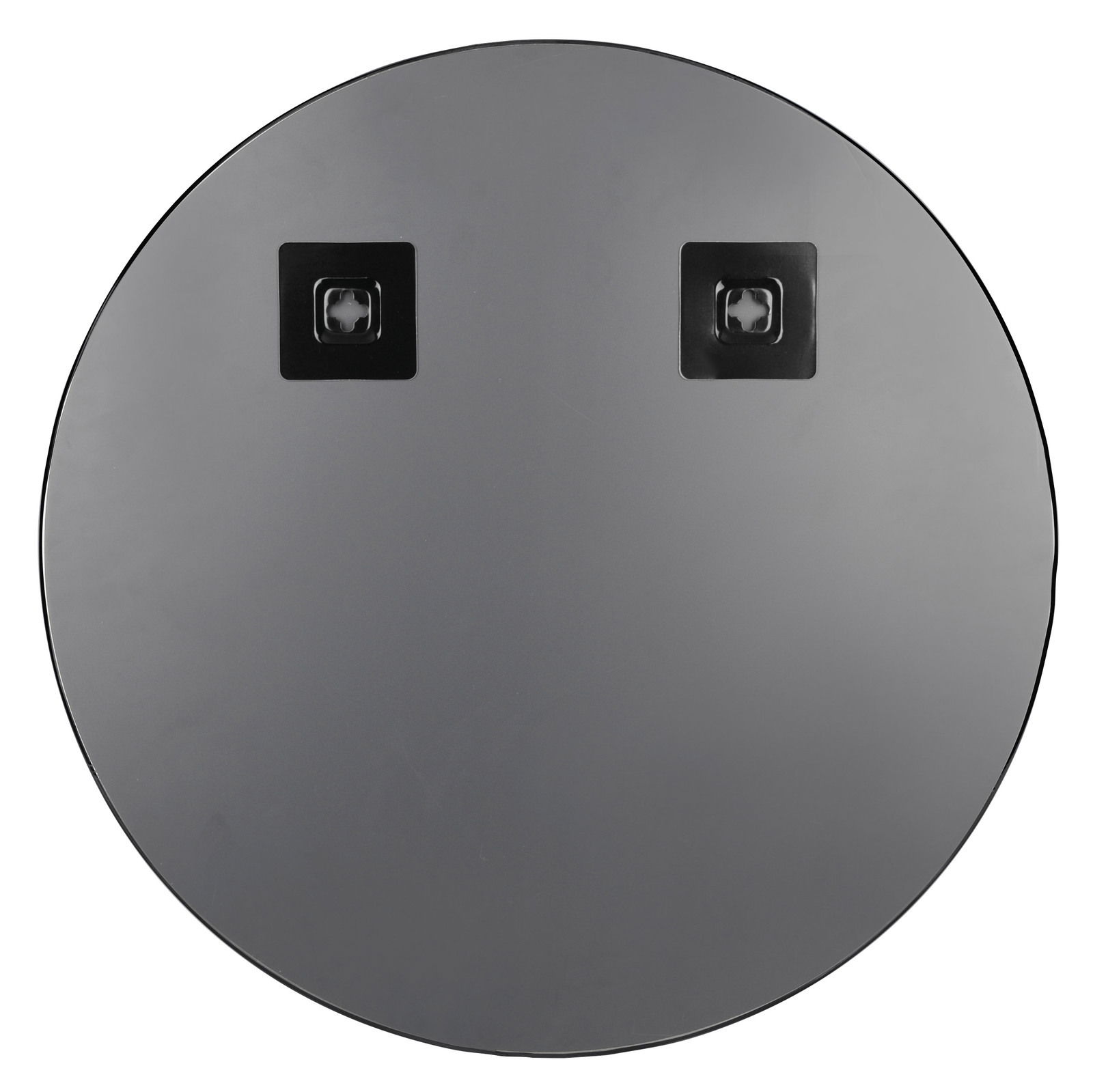 Runder Spiegel mit einem Durchmesser von ca. 50 cm, Rückansicht mit zwei quadratischen Befestigungselementen.