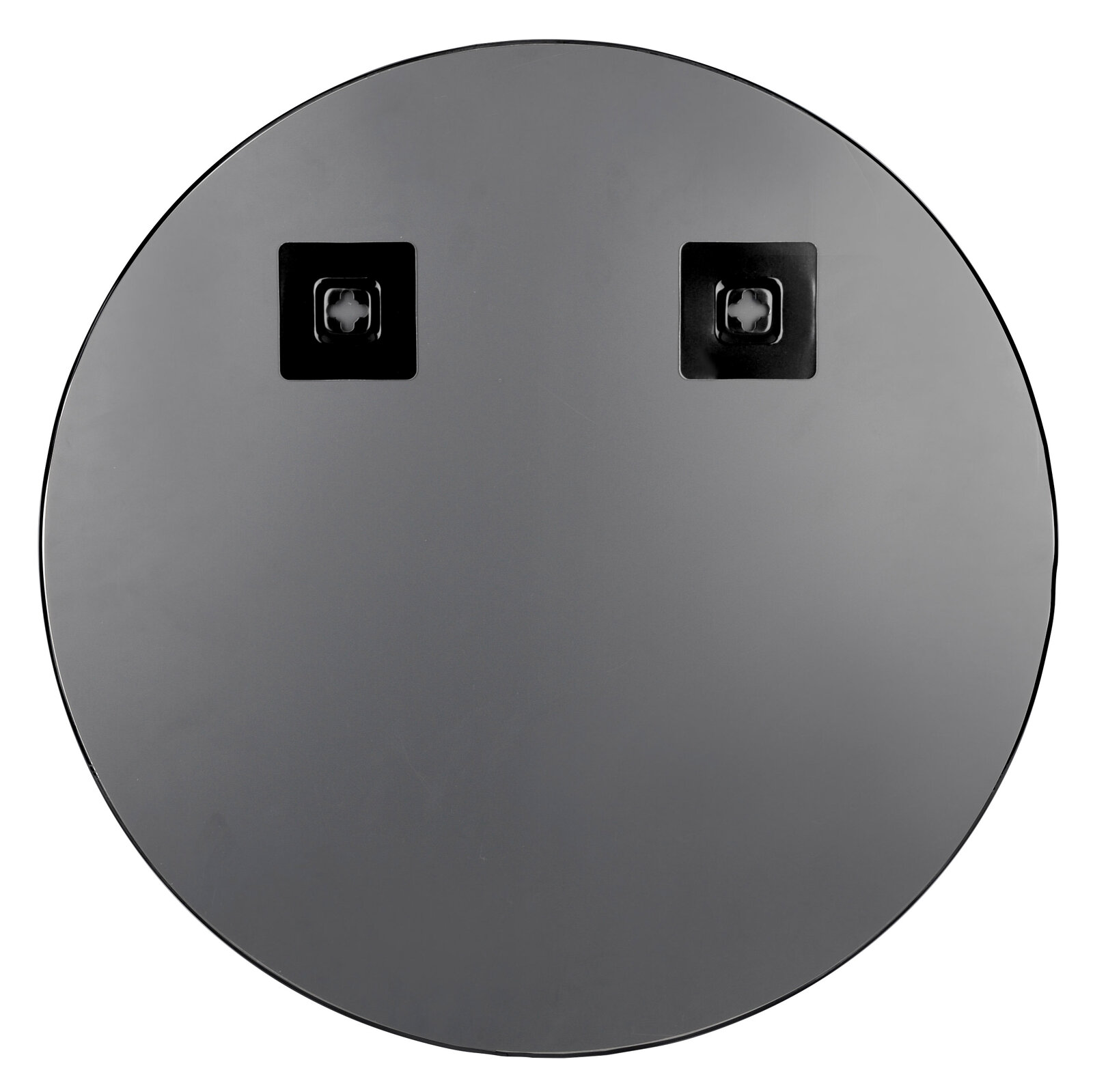 Runder Spiegel mit einem Durchmesser von ca. 50 cm, Rückansicht mit zwei quadratischen Befestigungselementen.