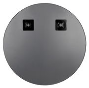 Runder Spiegel mit einem Durchmesser von ca. 50 cm, Rückansicht mit zwei quadratischen Befestigungselementen.