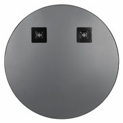 Runder Spiegel mit einem Durchmesser von ca. 50 cm, Rückansicht mit zwei quadratischen Befestigungselementen.