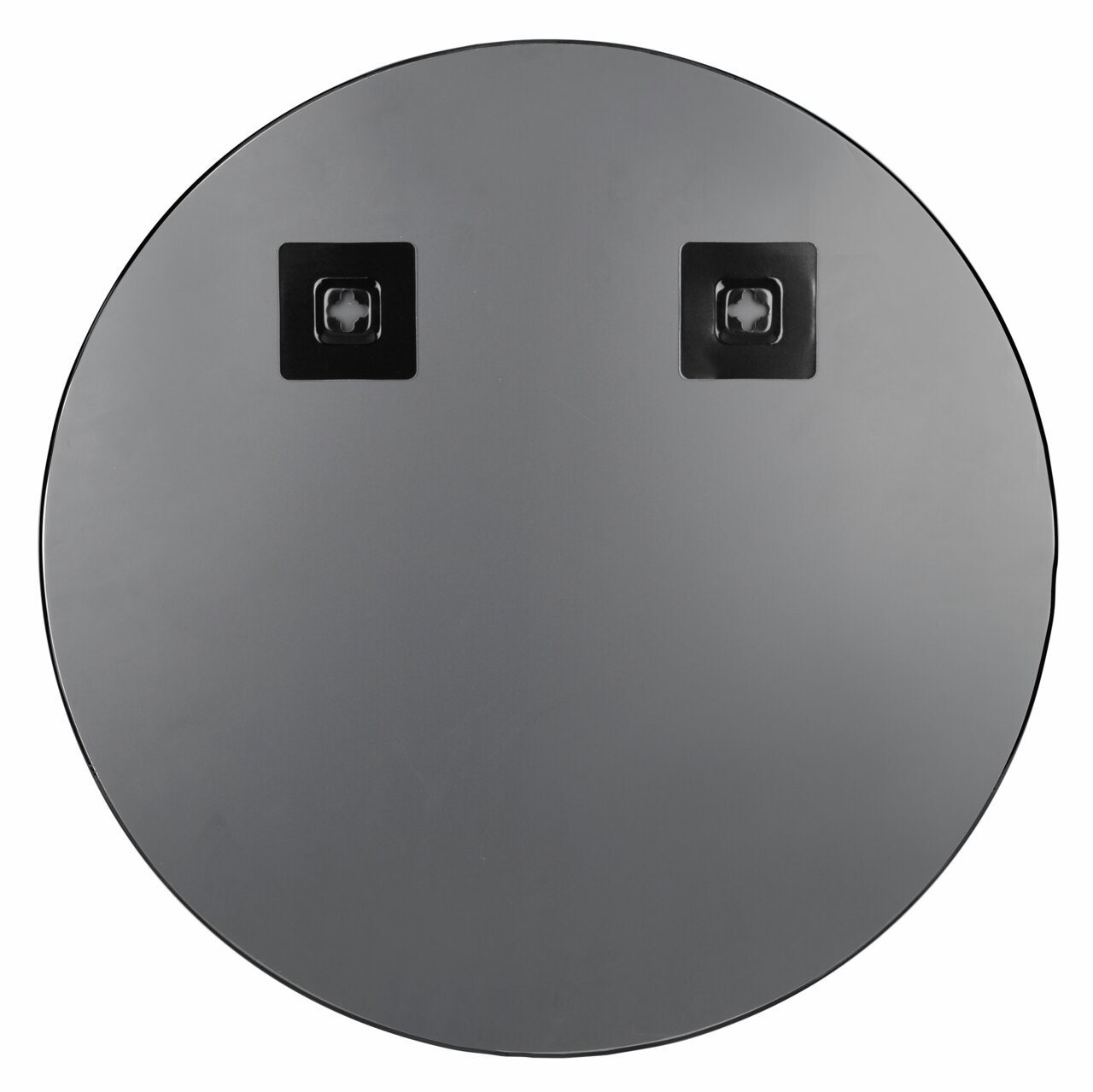 Runder Spiegel mit einem Durchmesser von ca. 50 cm, Rückansicht mit zwei quadratischen Befestigungselementen.