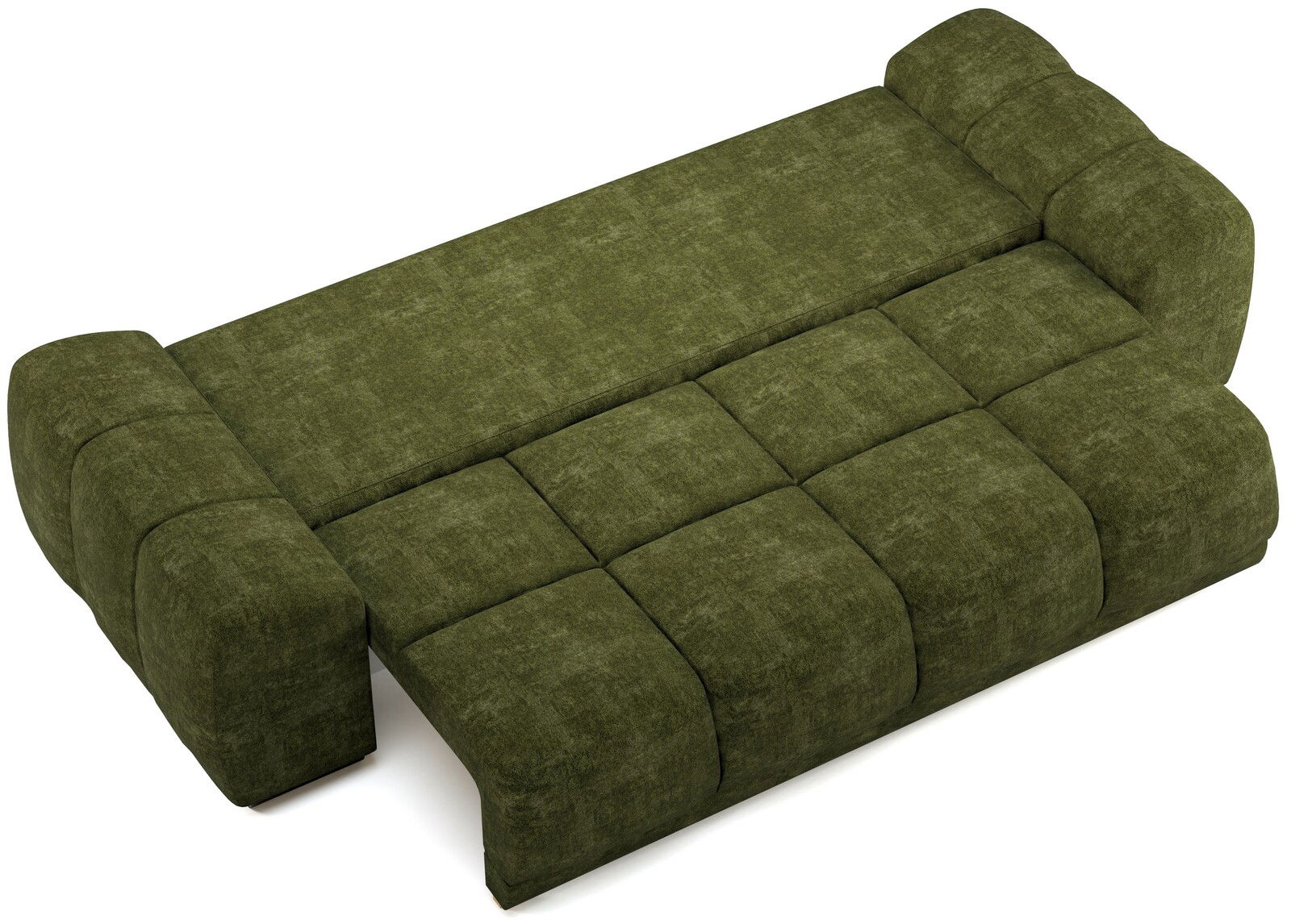 Grünes Funktionssofa in Liegeposition, Ansicht von oben