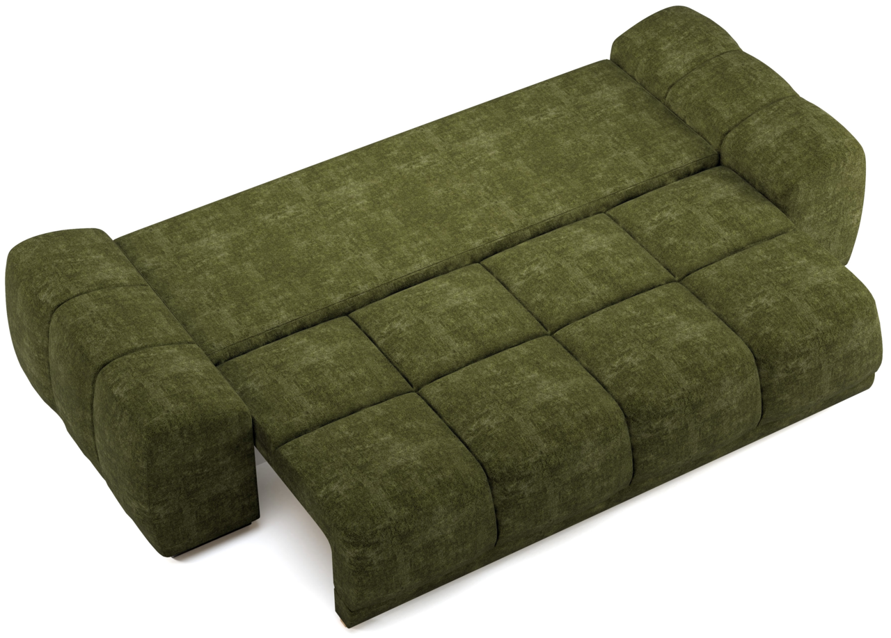 Grünes Funktionssofa in Liegeposition, Ansicht von oben