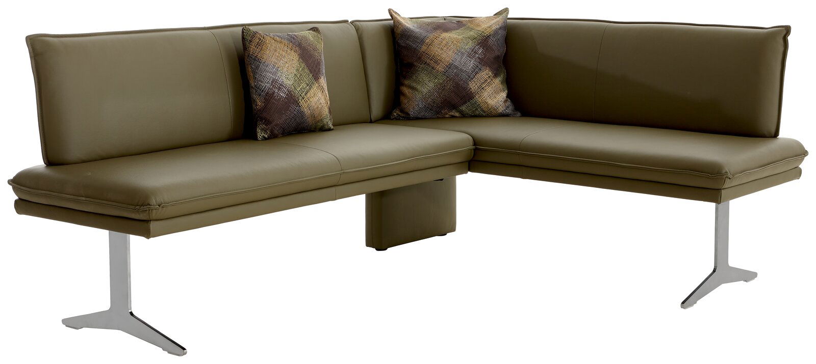 Moderne Eckbank in olivgrünem Leder mit zwei dekorativen Kissen, seitliche Perspektive