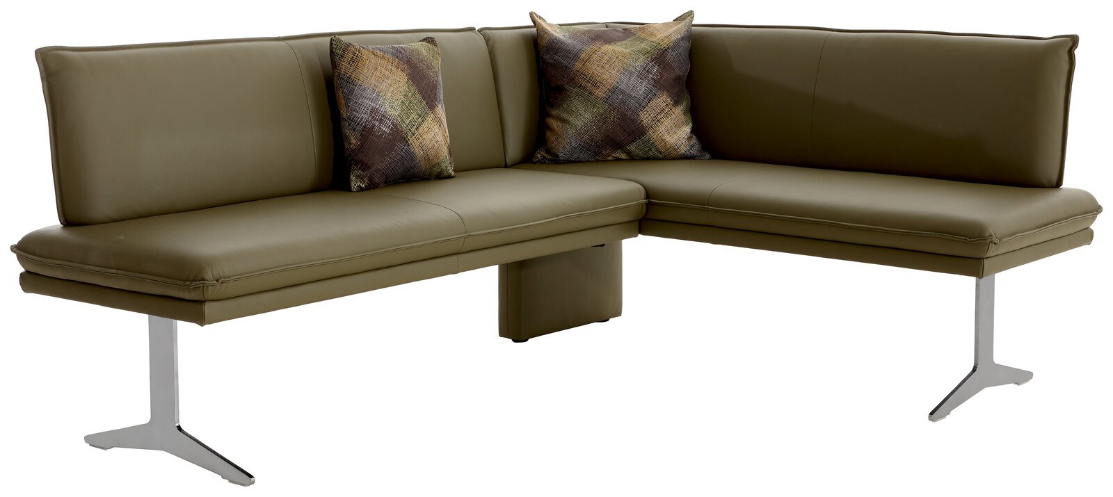 Moderano Eckbank GAME Moderne Eckbank in olivgrünem Leder mit zwei dekorativen Kissen, seitliche Perspektive