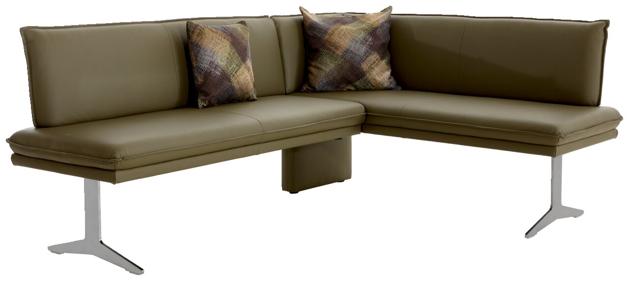 Moderne Eckbank in olivgrünem Leder mit zwei dekorativen Kissen, seitliche Perspektive
