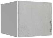 Grauer Schrankaufsatz mit Tür und Griff, seitliche Perspektive