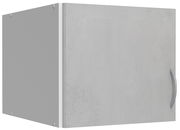 Grauer Schrankaufsatz mit Tür und Griff, seitliche Perspektive