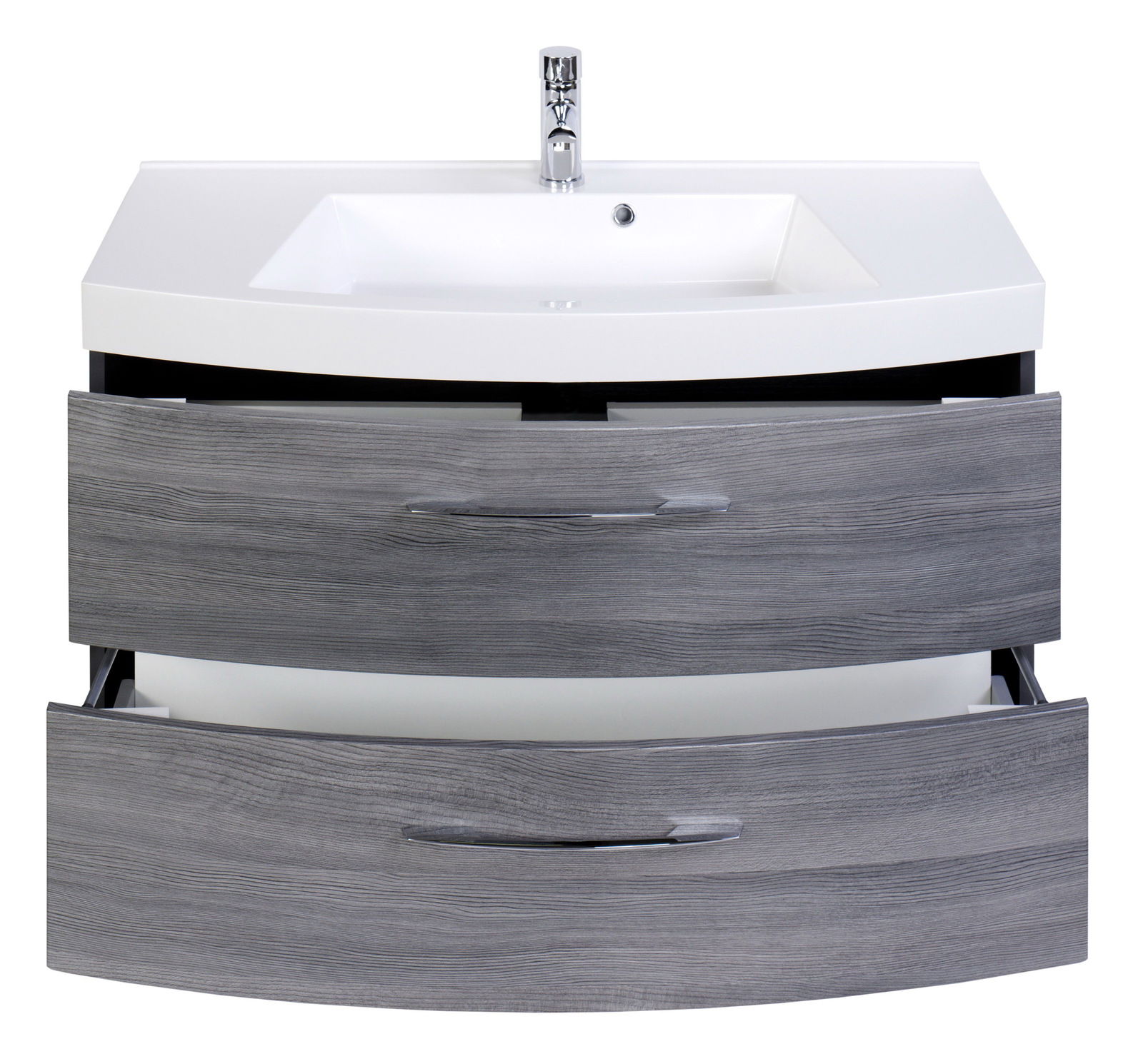 Moderne Badkombination mit zwei grauen Schubladen und weißem Waschbecken, Frontalansicht
