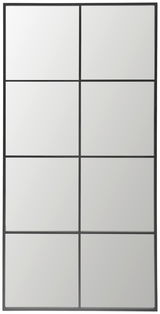 Großer rechteckiger Spiegel mit schwarzem Rahmen, bestehend aus acht gleich großen Paneelen, frontal betrachtet.