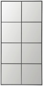 Großer rechteckiger Spiegel mit schwarzem Rahmen, bestehend aus acht gleich großen Paneelen, frontal betrachtet.