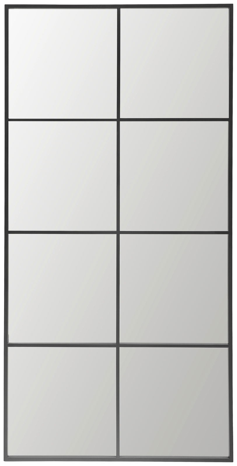 Großer rechteckiger Spiegel mit schwarzem Rahmen, bestehend aus acht gleich großen Paneelen, frontal betrachtet.