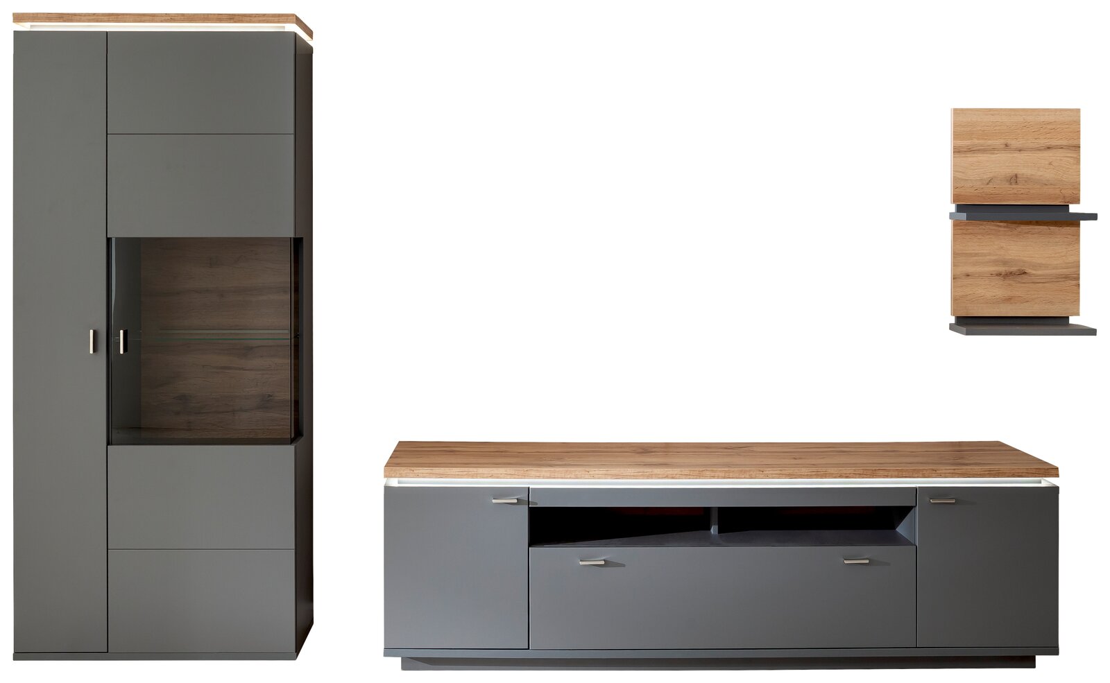Moderne Wandkombination in Grau mit Holzoberflächen, bestehend aus einem hohen Schrank mit Glaseinsatz, einem niedrigen TV-Schrank und einem hängenden Regal. Frontalansicht.