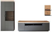 Moderne Wandkombination in Grau mit Holzoberflächen, bestehend aus einem hohen Schrank mit Glaseinsatz, einem niedrigen TV-Schrank und einem hängenden Regal. Frontalansicht.