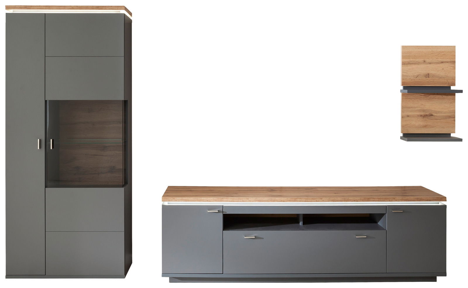 Moderne Wandkombination in Grau mit Holzoberflächen, bestehend aus einem hohen Schrank mit Glaseinsatz, einem niedrigen TV-Schrank und einem hängenden Regal. Frontalansicht.