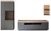 Moderne wandcombinatie in grijs met houten afwerkingen, bestaande uit een hoge kast met glazen inzetstuk, een lage tv-kast en een hangende plank. Vooraanzicht.