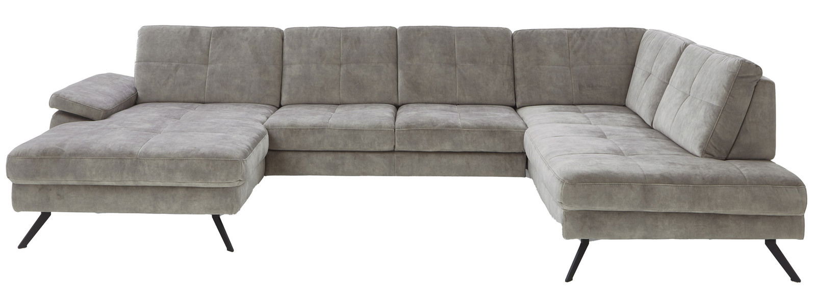 Graue Polsterrundecke in L-Form mit modernen schwarzen Beinen, Ansicht von vorne.