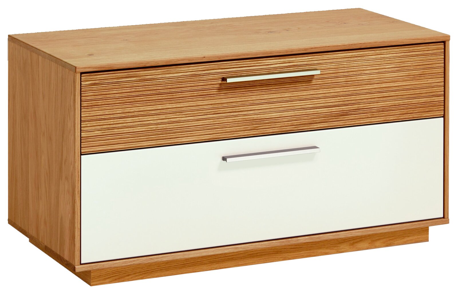 Moderne Nachttischkommode aus Holz mit zwei Schubladen, obere Front geriffelt in Holzoptik und untere Front weiß mit Metallgriffen, Ansicht schräg von vorn links