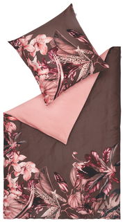 Satin-Bettwäsche 155x220 cm mit floralem Muster in Rosa- und Brauntönen, Draufsicht