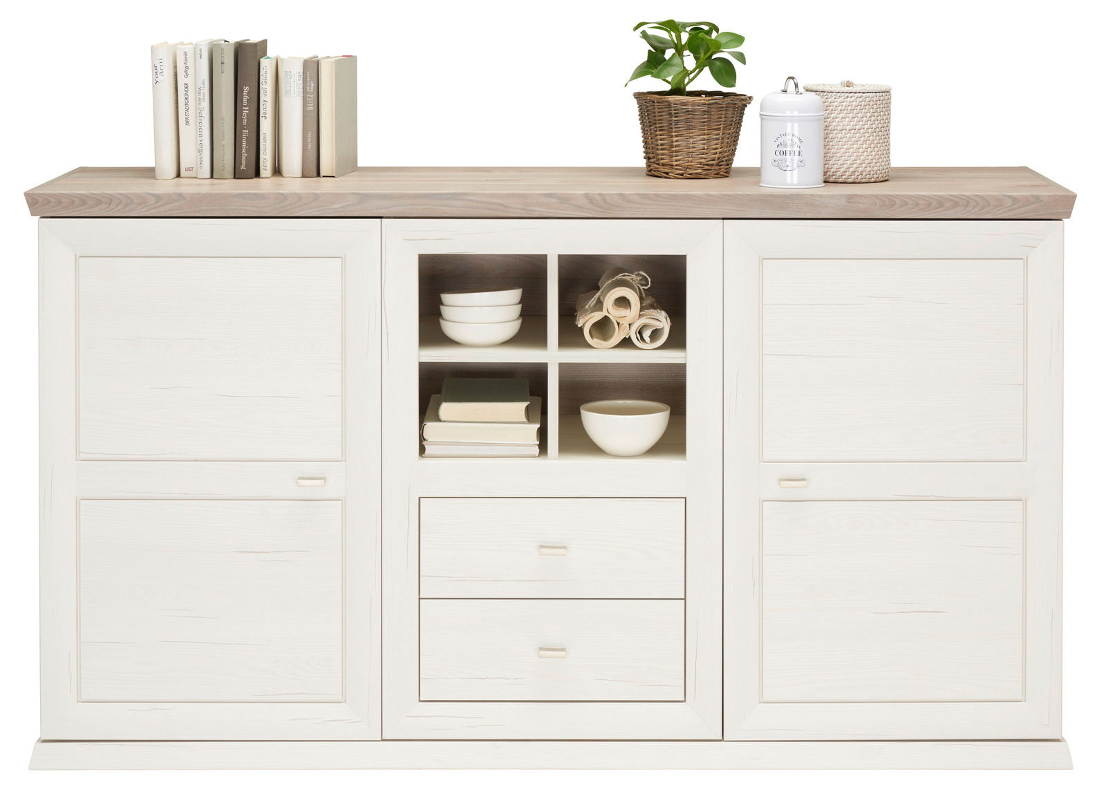 Weißes Sideboard mit zwei Türen, offenen Regalfächern und Schubladen, dekoriert mit Büchern, Pflanzen und Geschirr, Frontalansicht.