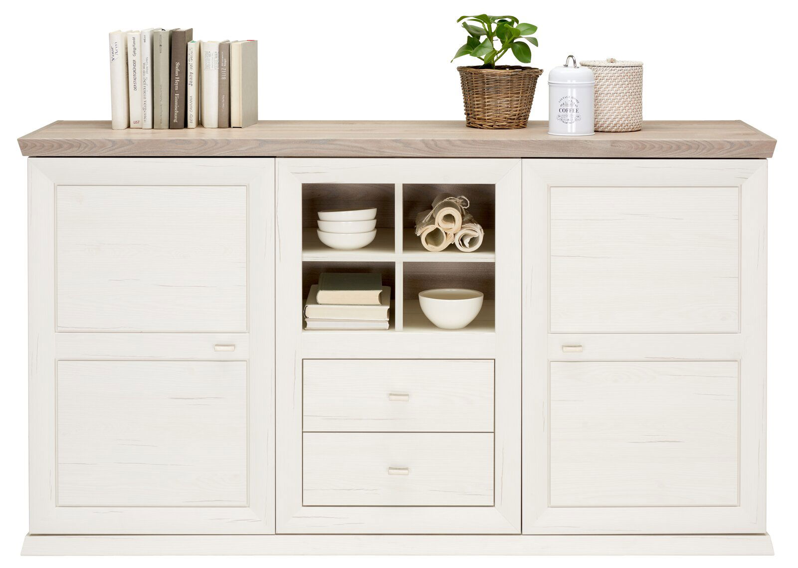 Weißes Sideboard mit zwei Türen, offenen Regalfächern und Schubladen, dekoriert mit Büchern, Pflanzen und Geschirr, Frontalansicht.