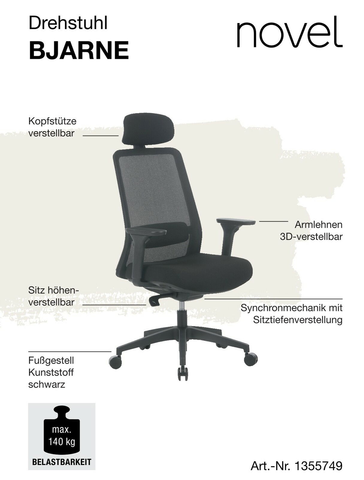 Ergonomischer Drehstuhl BJARNE mit verstellbarer Kopfstütze, 3D-verstellbaren Armlehnen und höhenverstellbarem Sitz, seitliche Perspektive.