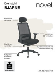 Ergonomischer Drehstuhl BJARNE mit verstellbarer Kopfstütze, 3D-verstellbaren Armlehnen und höhenverstellbarem Sitz, seitliche Perspektive.