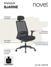Ergonomischer Drehstuhl BJARNE mit verstellbarer Kopfstütze, 3D-verstellbaren Armlehnen und höhenverstellbarem Sitz, seitliche Perspektive.