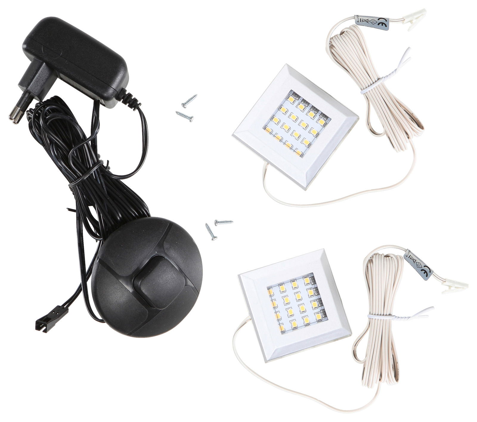 Unterbaubeleuchtung Set mit zwei quadratischen LED-Leuchten, Kabeln und Netzteil, aus der Vogelperspektive.