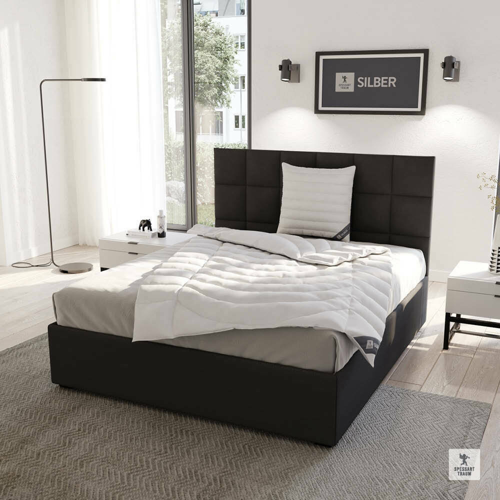 Modernes Schlafzimmer mit einem stilvollen, schwarzen Bett und einem Ganzjahresbett 155x220cm, seitliche Perspektive.