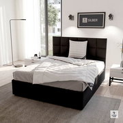 Modernes Schlafzimmer mit einem stilvollen, schwarzen Bett und einem Ganzjahresbett 155x220cm, seitliche Perspektive.